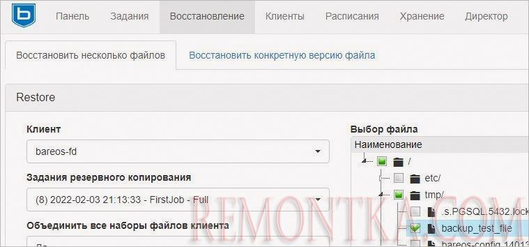 Выбор файлов для восстановления