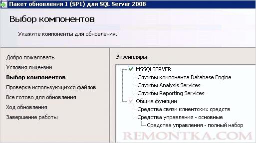 Выбор компонентов при установке Service Pack для SQL Server