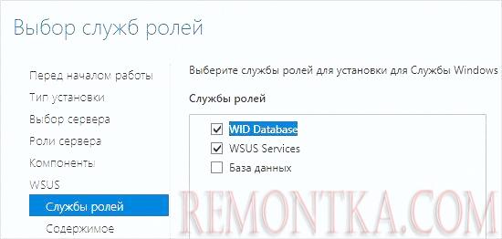 Выбор ролей службы WSUS