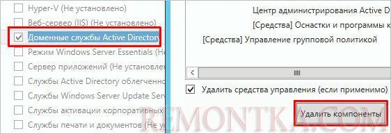 Отмечаем для удаления роль Доменные службы Active Directory