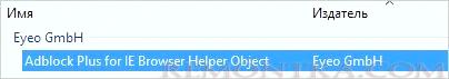 Устанавливаем курсор на Adblock Plus for IE Browser Helper Object