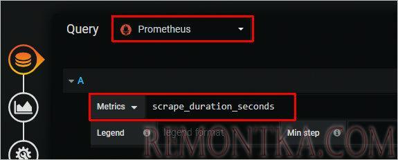 Выбираем источник данных Prometheus и метрику, для которой хотим выводить график