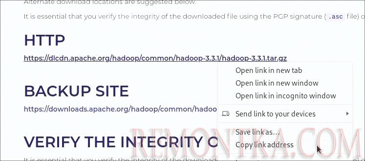 Копируем ссылку для загрузки архива Hadoop