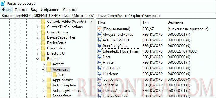 Параметр ExtendedUIHoverTime в реестре Windows