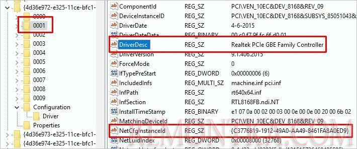 Поиск сетевого адаптера в реестре Windows
