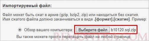Выбор файла для импорта в phpMyAdmin