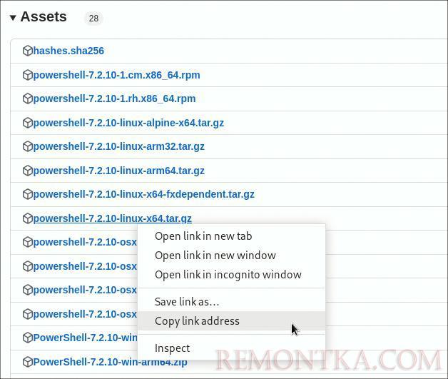 Копируем ссылку для загрузки архива с Powershell для Linux