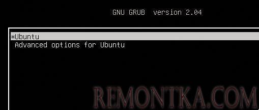 Окно Grub с вариантами загрузки в Ubuntu