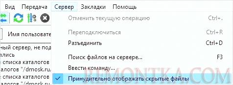 Отображение скрытых файлов в FileZilla