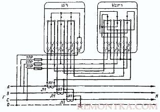 Схема полукосвенного включения трехэлементных счетчиков активной и реактивной энергии в четырехпроводную сеть с раздельными цепями тока и напряжения