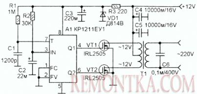 Электрическая принципиальная схема преобразователя 12В в 220В 50Гц