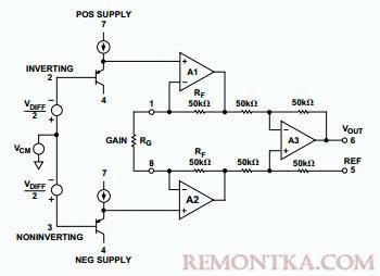 Схема интегрального измерительного усилителя типа AD623