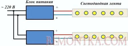 Схема подключения двух одноцветных светодиодных лент с двумя блоками питания