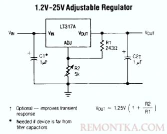 Типовая схема включения регулируемого стабилизатора LT317A