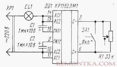 Типовая схема включения микросхемы фазового регулятора мощности КР1182ПМ1