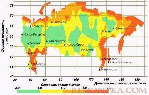 Усредненный годовой график распределения ветров для территории России, определенный для высот 50 метров