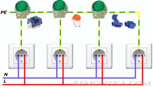 Схемы подключения PE проводника к розетке соединителем Scotchlok