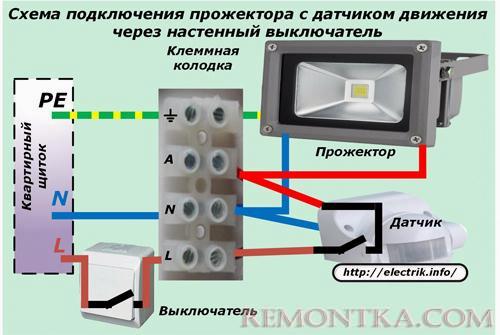 Схема подключения прожектора через настенный выключатель