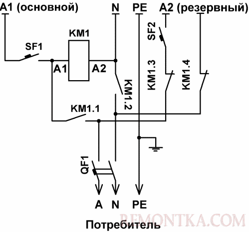 Модифицированная схема АВР на одном контакторе Модифицированная схема АВР на одном контакторе