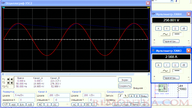 Осциллограмма в Multisim
