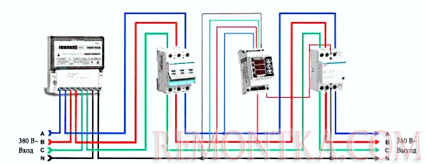 Схема подключения реле напряжения к трехфазной сети