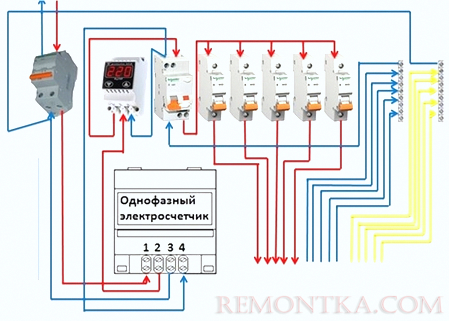 Схема электрощитка с реле напряжения