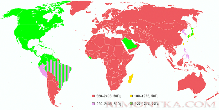Напряжение и частота в различных странах мира
