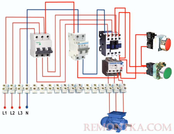 Упрощенная схема соединений и подключения трехфазного двигателя