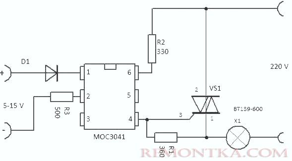 Схема простейшего твердотельного реле, на основе оптодрайвера для симисторов с ZCC типа MOC3041