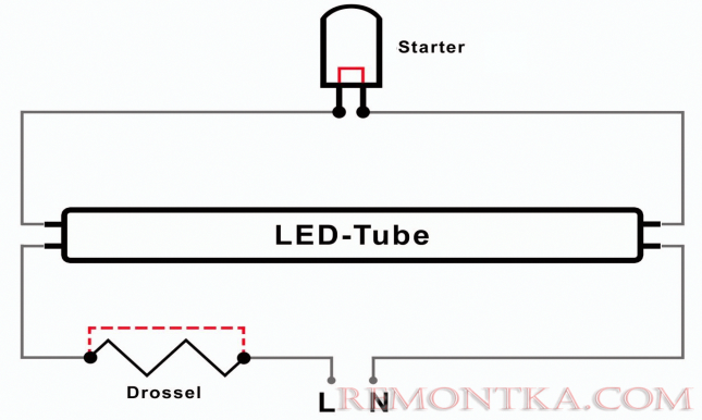Схема подключения лампы дневного света с дросселем и стартером