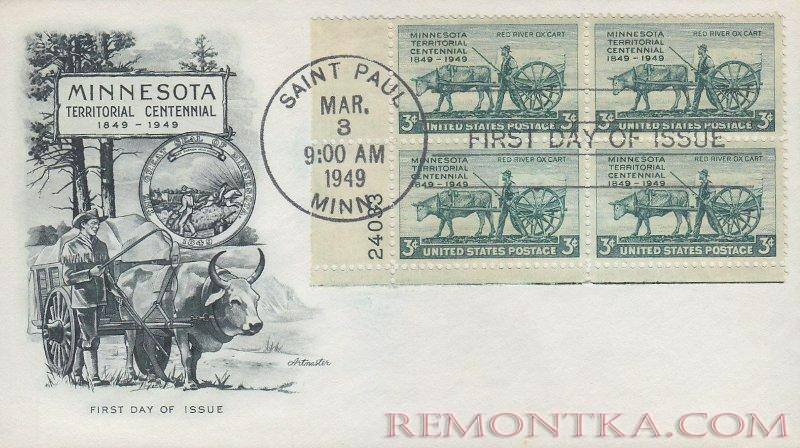 США 1949 100 лет штату Миннесота Первые поселенцы Повозка с быком КПД США 1949 100 лет штату Миннесота Первые поселенцы Повозка с быком КПД