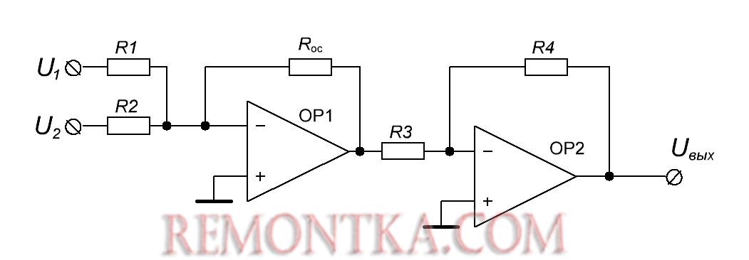 неинвертирующий сумматор на двух ОУ