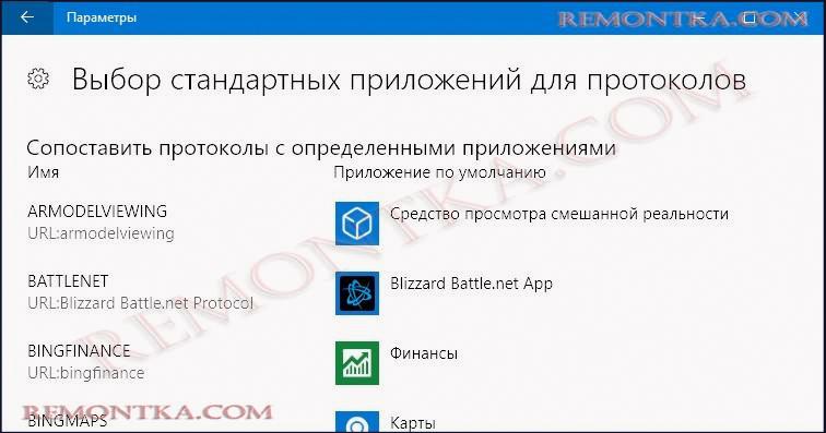 Выбор стандартных приложений для протоколов windows 10