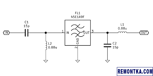 LC-согласование кварцевого фильтра 45E1A9F с 50 Ом