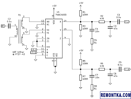 Схема квадратурного демодулятора на основе 74HC4053