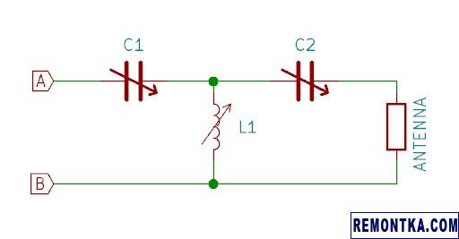 Схема антенного тюнера, подключенного к антенне