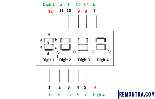 Распиновка индикатора с четырьмя цифрами