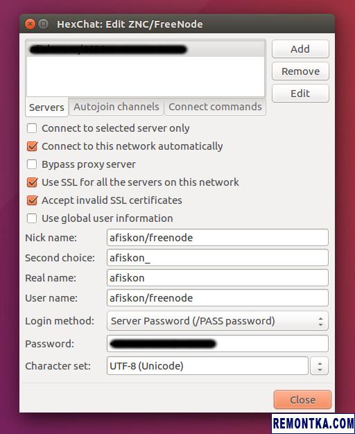 Параметры подключения к ZNC в HexChat