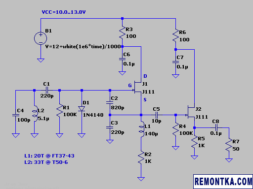 Схема LC-генератора на основе JFET