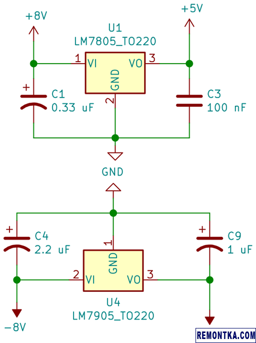 Регуляторы напряжения LM7805 и LM7905