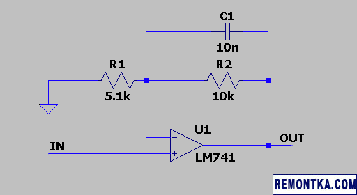Фильтр нижних частот из неинвертирующей схемы включения операционного усилителя