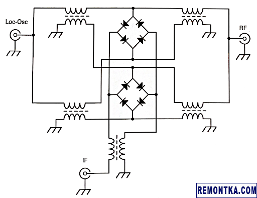 Схема тройного балансного диодного смесителя (triple balanced mixer, TBM)