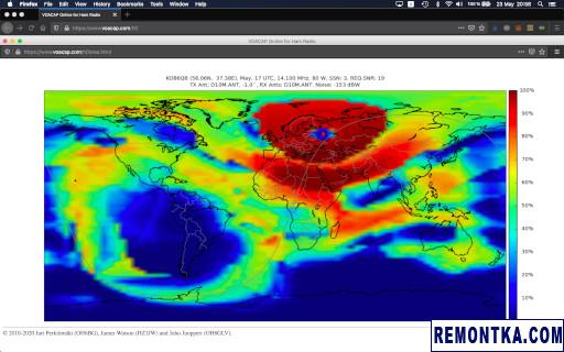 VOACAP: график REL Map для 14 МГц