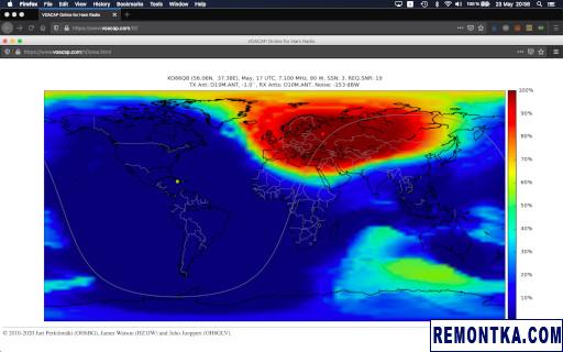 VOACAP: график REL Map для 7 МГц