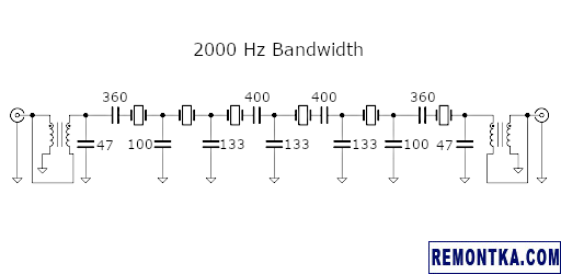 Схема кварцевого полосового фильтра SSB6 с полосой 2000 Гц