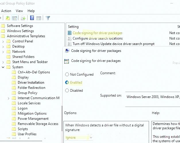 GPO: отключить проверку цифровой подписи драйверов в Windows