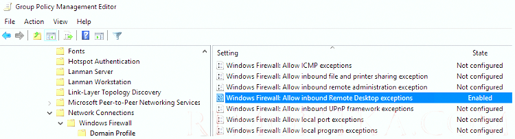 параметр GPO для разрешения RDP трафика - Windows Firewall: Allow inbound Remote Desktop Exceptions 