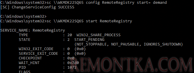 sc - включить службу RemoteRegistry из командной строки