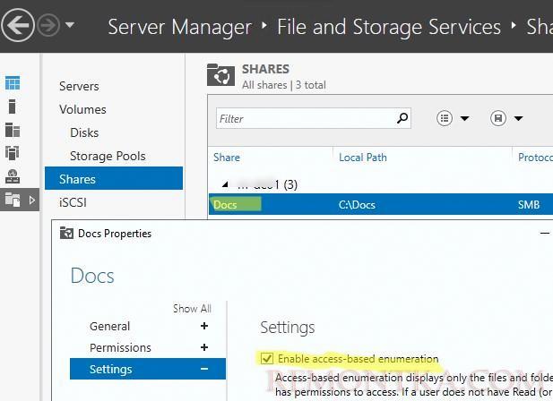 Включить access based enumeration для сетевой папки на windows server через manager