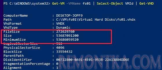 powershell получить текущий, минимальный и максимальный размер vhdx диска в hyper-v
